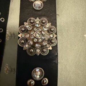 Genuine Leather Elegant Black and Silver Belt w Rhinestones and Floral size 38